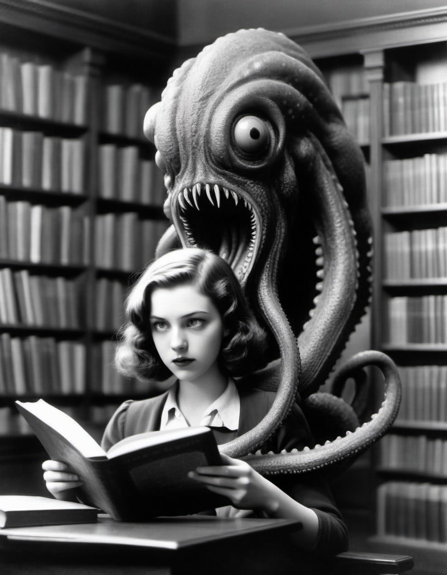 A young woman is attacked by a tentacled monster, in the library at Miskatonic